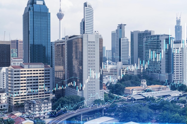 Holograma de Forex y gráficos bursátiles sobre la vista panorámica de la ciudad de Kuala Lumpur KL es el centro financiero en Malasia Asia El concepto de comercio internacional Doble exposición