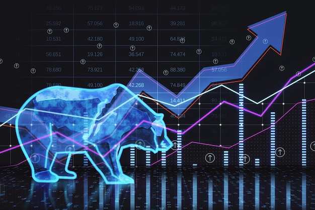 Holograma de forma de silueta de oso en el gráfico del mercado de valores financiero que representa el desplome del mercado de valores o la inversión de tendencia descendente en la representación 3D de fondo negro