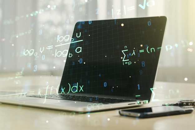 Holograma de fórmula científica creativa en el concepto de investigación de fondo de computadora portátil moderna