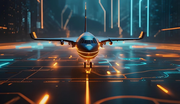 Holograma del futurista sistema logístico internacional Un avión de alta tecnología iluminado con neón con un resplandor