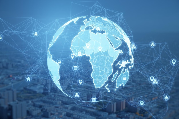 Holograma de globo poligonal brillante creativo con iconos en la textura borrosa de la ciudad Tecnología global y concepto de Internet Doble exposición