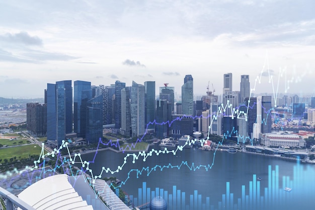 Holograma de gráfico de acciones financieras sobre la vista panorámica de la ciudad del centro de negocios de Singapur en Asia El concepto de transacciones internacionales Doble exposición