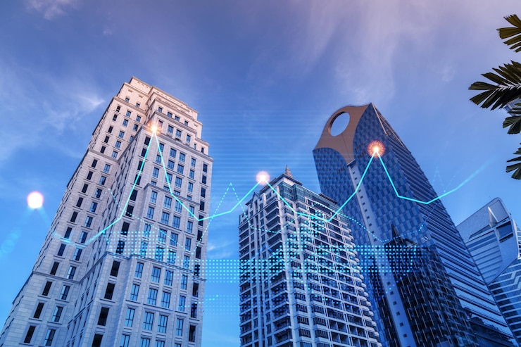 Foto holograma de gráfico de cotizaciones financieras en una vista panorámica baja de rascacielos contemporáneos de vidrio y acero en el centro financiero el concepto de transacciones internacionales doble exposición