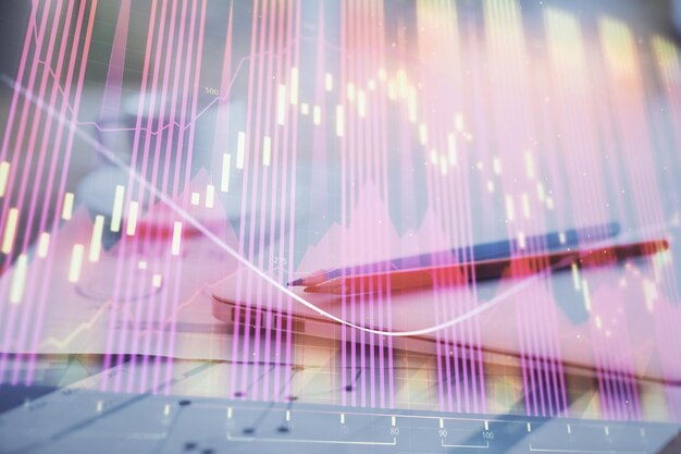 Holograma gráfico de divisas en la mesa con fondo de computadora Doble exposición Concepto de mercados financieros