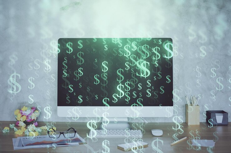 Foto holograma gráfico de divisas en la mesa con fondo de computadora doble exposición concepto de mercados financieros