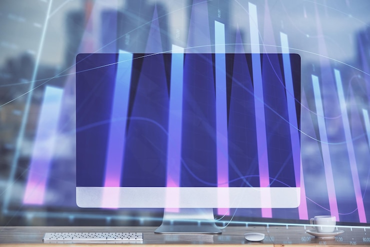 Foto holograma de gráfico de divisas en la mesa con fondo informático doble exposición concepto de mercados financieros