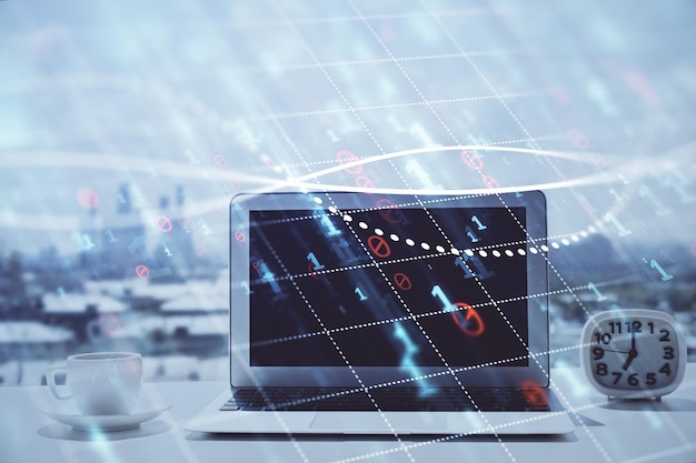 Holograma gráfico de divisas en la mesa con fondo informático Múltiple exposición Concepto de los mercados financieros