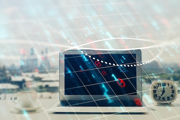 Holograma gráfico de divisas en la mesa con fondo informático Múltiple exposición Concepto de los mercados financieros