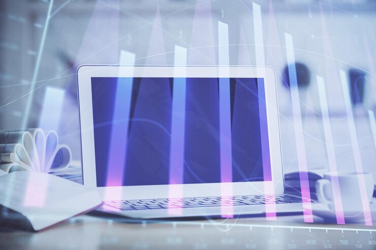 Foto holograma gráfico de divisas en la mesa con fondo informático múltiple exposición concepto de los mercados financieros