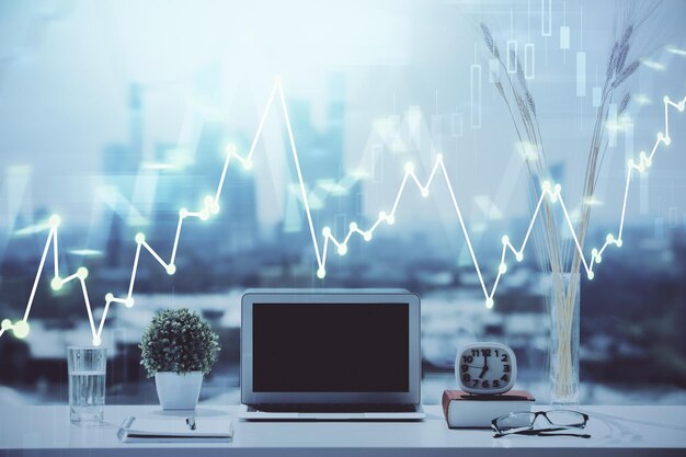 Holograma gráfico de divisas en la mesa con fondo informático Múltiple exposición Concepto de los mercados financieros