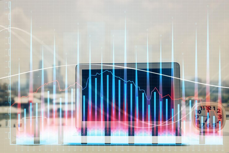 Foto holograma gráfico de divisas en la mesa con fondo informático múltiple exposición concepto de los mercados financieros