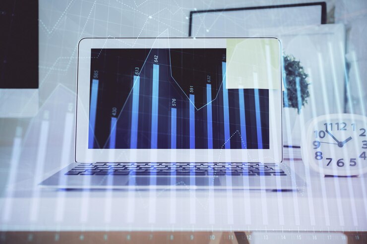 Foto holograma de gráfico de divisas en la mesa con fondo informático múltiple exposición concepto de mercados financieros
