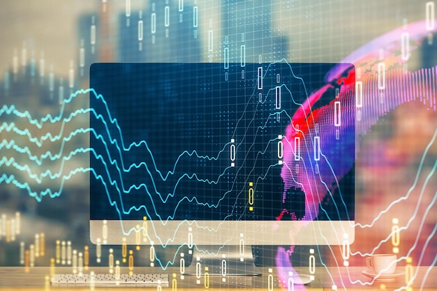 Holograma gráfico do mercado Forex e computador pessoal em segundo plano Exposição múltipla Conceito de investimento