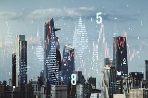 Foto holograma gráfico financeiro virtual abstrato no conceito financeiro e comercial de fundo da paisagem urbana de nova york multiexposição