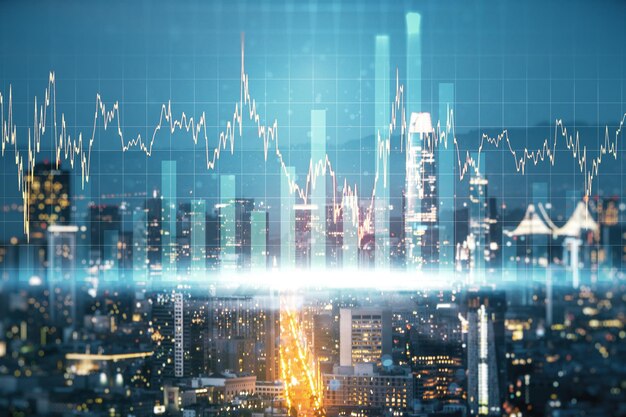 Holograma gráfico financeiro virtual abstrato no conceito financeiro e comercial de fundo da paisagem urbana de São Francisco Multiexposição