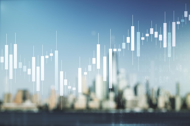 Holograma de gráfico financiero virtual abstracto sobre fondo borroso del horizonte concepto de inversión y forex Multiexposición