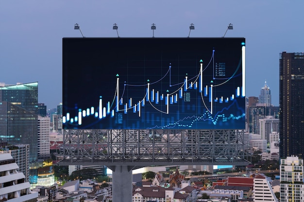 Holograma gráfico FOREX brilhante na paisagem urbana panorâmica aérea do outdoor de Bangkok ao pôr do sol Negociação de ações e títulos no Sudeste Asiático O conceito de gestão de fundos