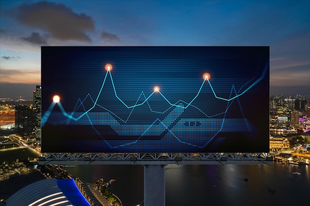 Holograma gráfico forex em outdoor aéreo noturno paisagem urbana panorâmica de cingapura o local desenvolvido para pesquisadores do mercado de ações no sudeste asiático o conceito de análise fundamental