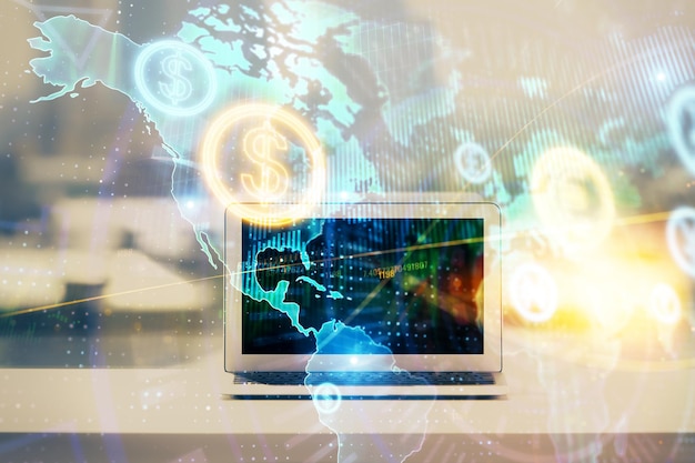 Holograma gráfico de forex en la mesa con fondo de computadora Concepto de exposición múltiple de los mercados financieros