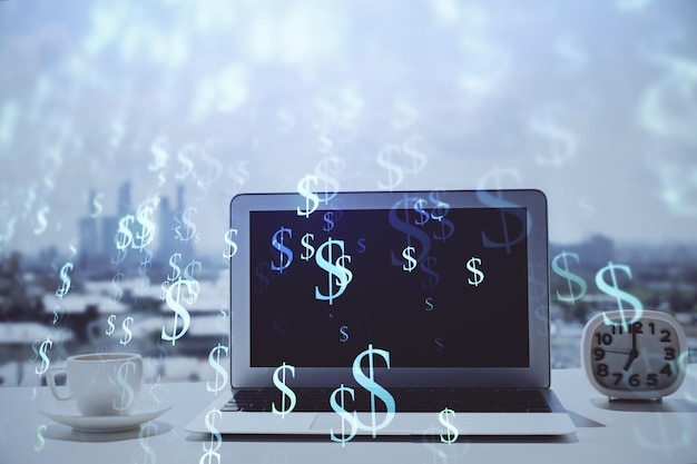 Holograma gráfico de forex en la mesa con fondo de computadora Concepto de exposición múltiple de los mercados financieros