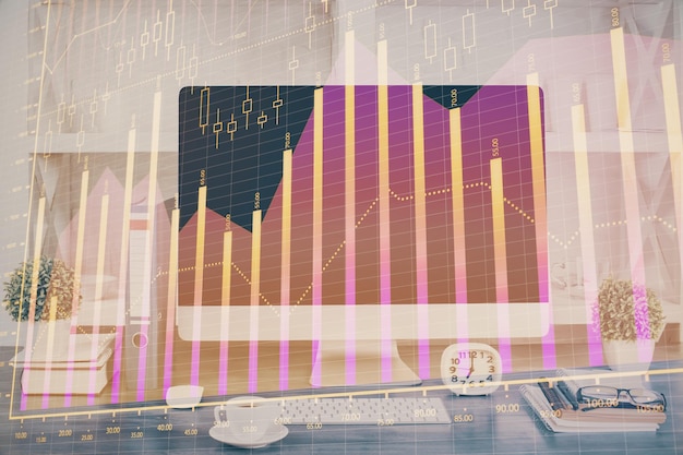 Holograma gráfico de forex en la mesa con fondo de computadora Doble exposición Concepto de mercados financieros