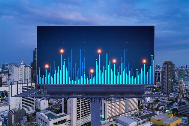 Holograma gráfico FOREX na paisagem urbana panorâmica noturna aérea outdoor de Bangkok O local desenvolvido para pesquisadores do mercado de ações no Sudeste Asiático O conceito de análise fundamental