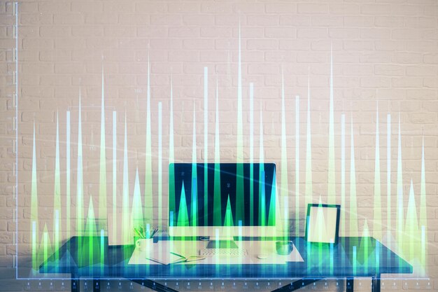 Holograma del gráfico del mercado de divisas y computadora personal en el fondo Doble exposición Concepto de inversión