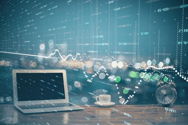Holograma del gráfico del mercado de divisas y computadora personal en el fondo Doble exposición Concepto de inversión
