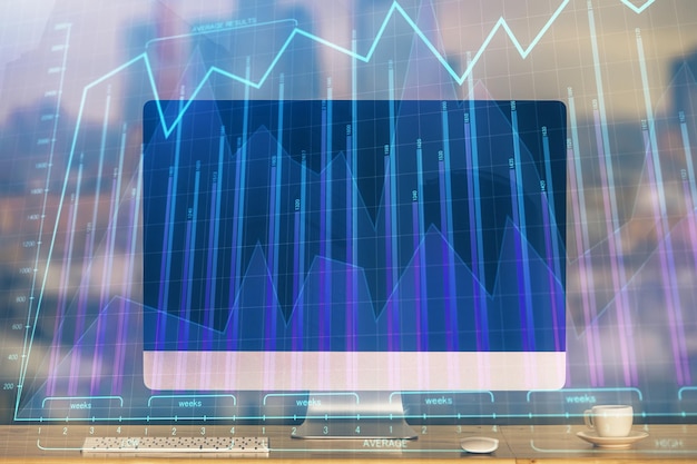 Holograma del gráfico del mercado de divisas y computadora personal en el fondo Doble exposición Concepto de inversión