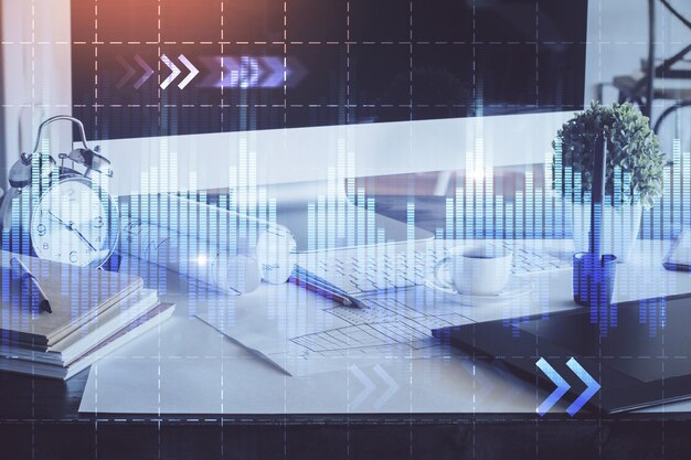 Holograma del gráfico del mercado de divisas y computadora personal en el fondo Exposición múltiple Concepto de inversión