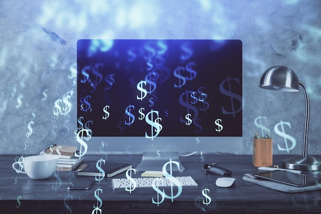 Holograma del gráfico del mercado de divisas y computadora personal en el fondo Exposición múltiple Concepto de inversión