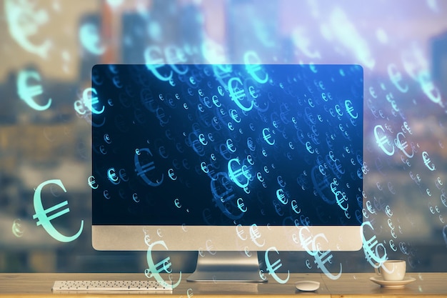 Holograma del gráfico del mercado de divisas y computadora personal en el fondo Exposición múltiple Concepto de inversión