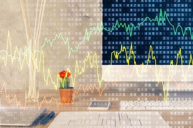Holograma de gráfico de mercado de divisas y fondo de computadora personal Exposición múltiple Concepto de inversión