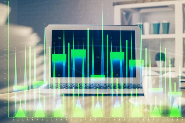 Holograma de gráfico de mercado de divisas y fondo de computadora personal Exposición múltiple Concepto de inversión