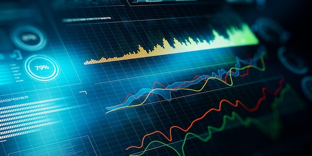 Holograma de gráfico de negocios digitales sobre fondo azul borroso Concepto de análisis y finanzas comerciales Representación 3D