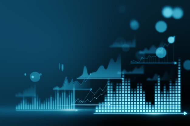 Holograma de gráfico de negocios resplandeciente abstracto en fondo de bokeh azul borroso con lugar simulado para su texto Informe de finanzas y concepto de AI Renderización 3D