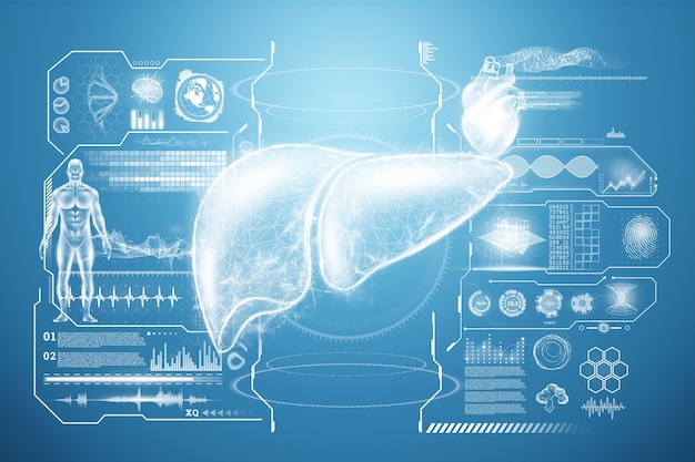 Holograma de hígado, dolor de hígado, datos e indicadores médicos. Concepto de tecnología, tratamiento de la hepatitis, donación, diagnóstico en línea. Representación 3D, ilustración 3D.