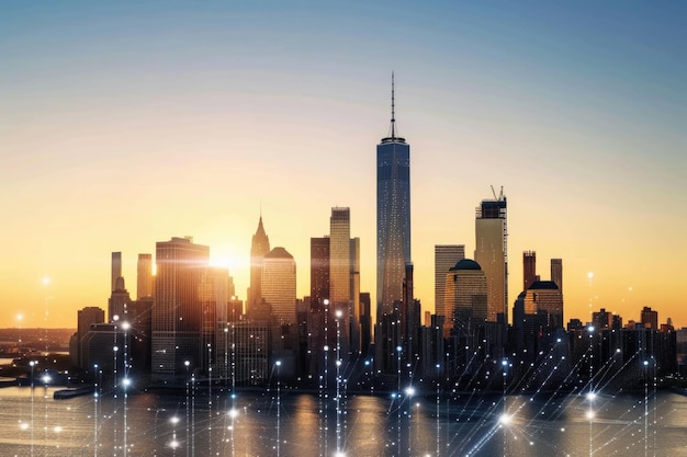 Holograma del horizonte de Nueva York con tecnología IoT e IA