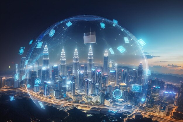 Holograma de iconos de candados sobre vista panorámica de la ciudad de kuala lumpur para proteger los negocios malasia asia el concepto de protección de la información escudos de doble exposición