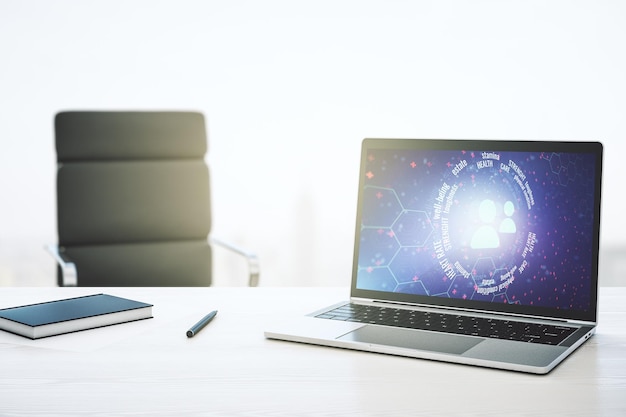 Holograma de iconos de personas abstractas creativas en el concepto de seguro de vida y salud del monitor de la computadora moderna Representación 3D