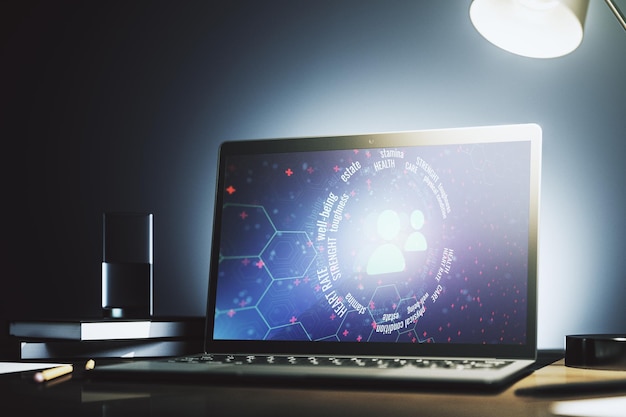 Holograma de iconos de personas abstractas creativas en el concepto de seguro de vida y salud del monitor de la computadora moderna Representación 3D
