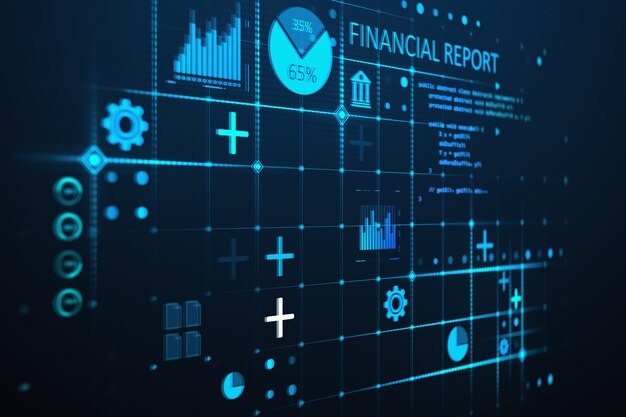 Holograma de informe financiero azul brillante abstracto sobre fondo oscuro Tecnología de finanzas empresariales y concepto de crecimiento Representación 3D