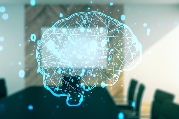 Holograma de inteligencia artificial creativa virtual con boceto de cerebro humano en un fondo de sala de conferencias moderno Multiexposición