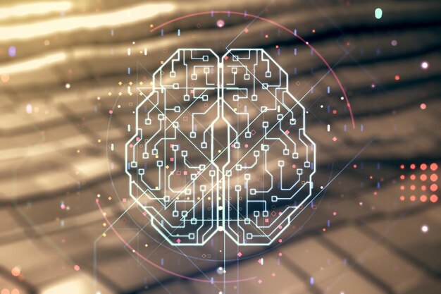Holograma de inteligencia artificial creativa virtual con boceto de cerebro humano sobre fondo de metal abstracto Doble exposición