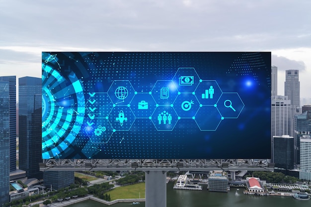 Holograma de investigación y desarrollo en la cartelera sobre la vista panorámica de la ciudad de Singapur El centro de nuevas tecnologías para optimizar los negocios en el sudeste asiático Concepto de oportunidades superiores