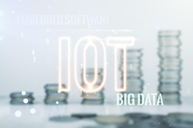 Foto holograma iot virtual abstrato em pilhas de moedas de fundo multiexposição