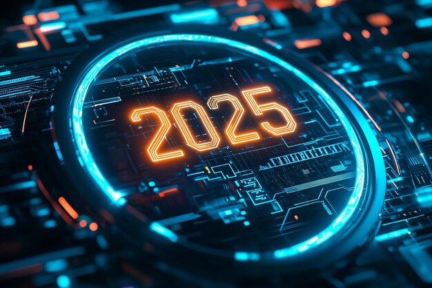 Holograma luminoso de 2025 con fondo futurista con elementos tecnológicos