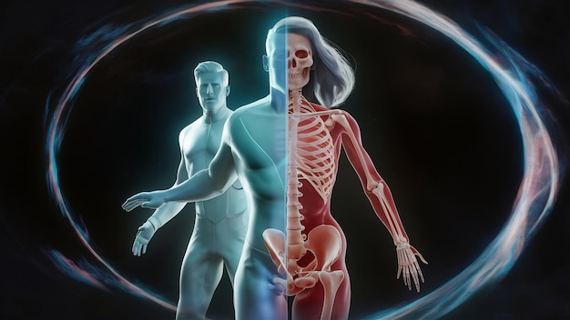 Holograma, manolograma, anatomia feminina e esqueleto em 3D