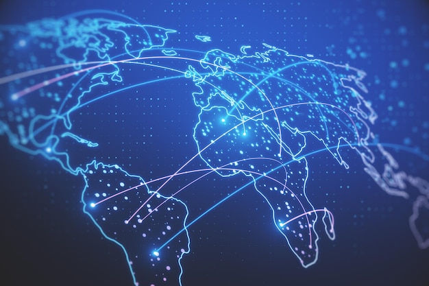 Holograma de mapa brillante abstracto sobre fondo azul Red mundial digital y concepto de tecnología Representación 3D
