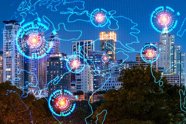 Holograma del mapa del planeta Tierra en el paisaje urbano panorámico nocturno de Bangkok Asia El concepto de empresas internacionales Exposición múltiple